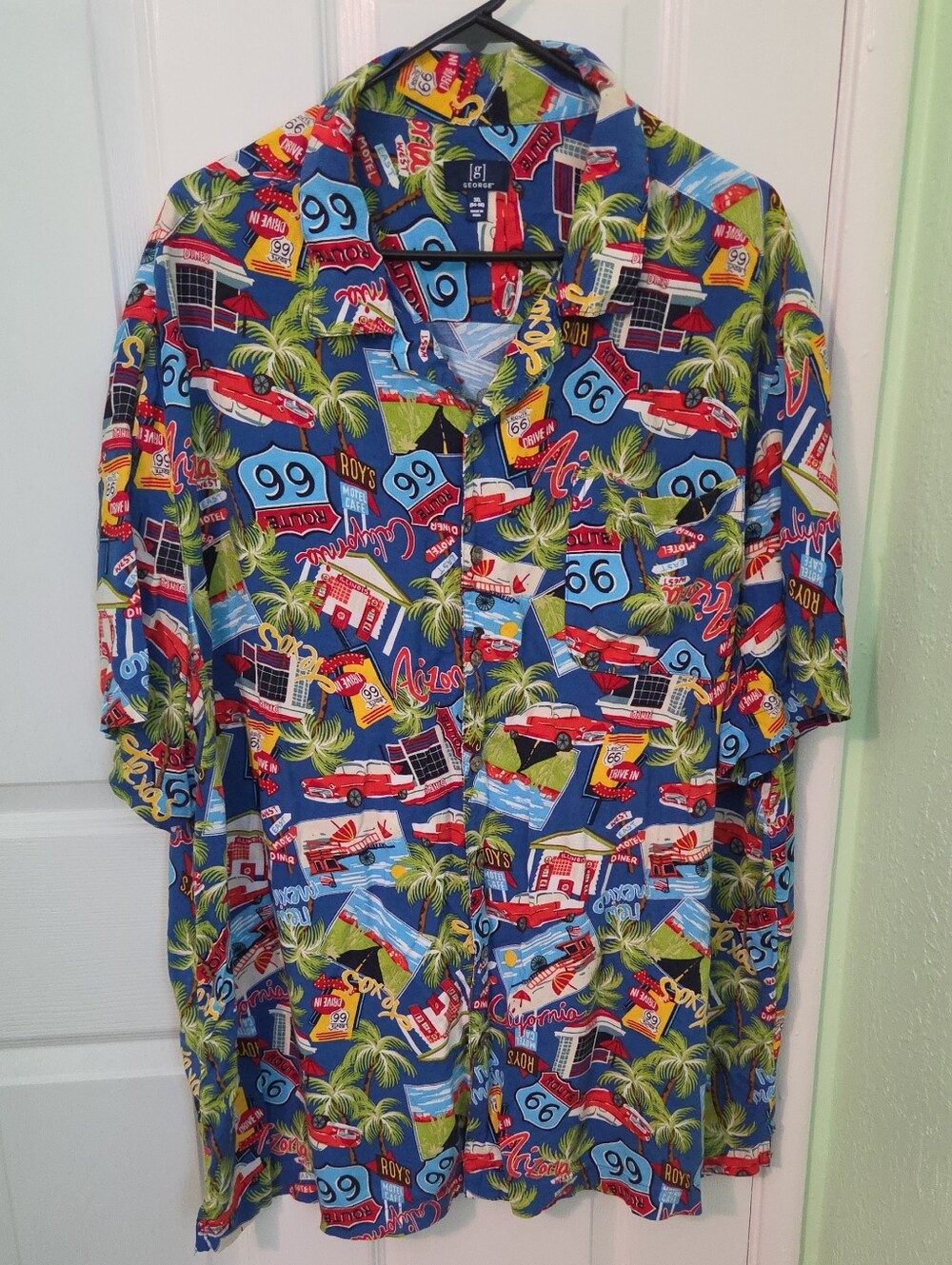 George Blue Retro Route 66 Palm Print Short-Sleeve Shirt